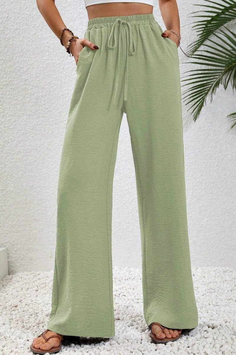 CWBMP0139_SUMMER CASUAL SOLID COLOR LACE-UP WIDE-LEG PANTS