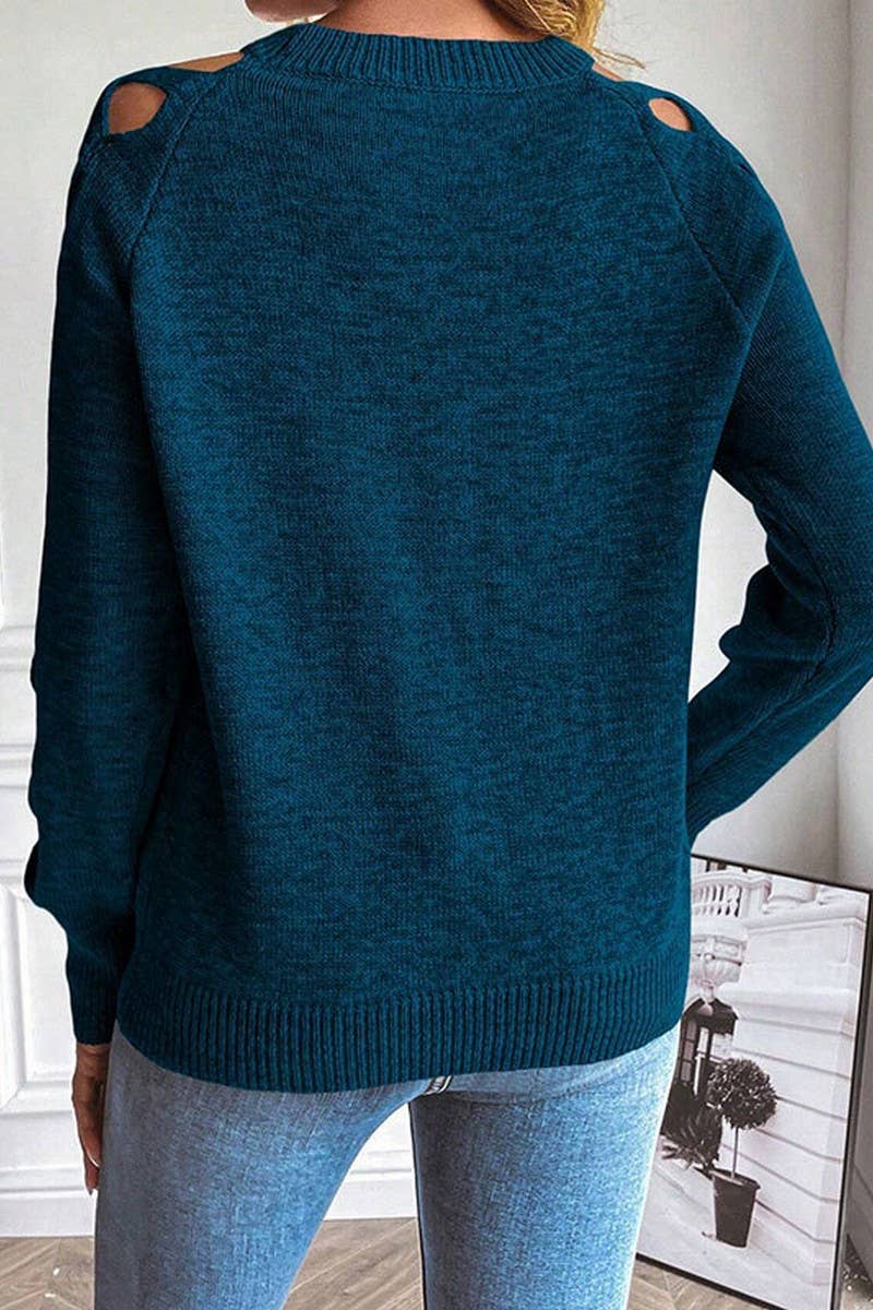 CWOSWL07365_HOLLOW STRIP PATCH LONG SLEEVE KNIT CREWNECK TOP