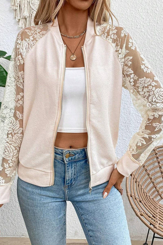 CWOCO1134_LACE PANEL LONG SLEEVE BASEBALL COLLAR JACKET TOP