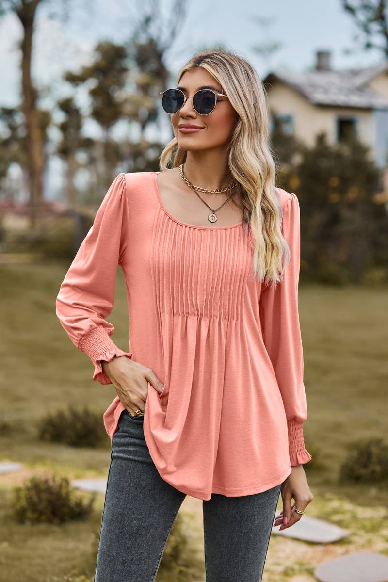 CWTBLL3687_NEW AUTUMN SOLID COLOR ROUND NECK DRAW CUFFS TOP