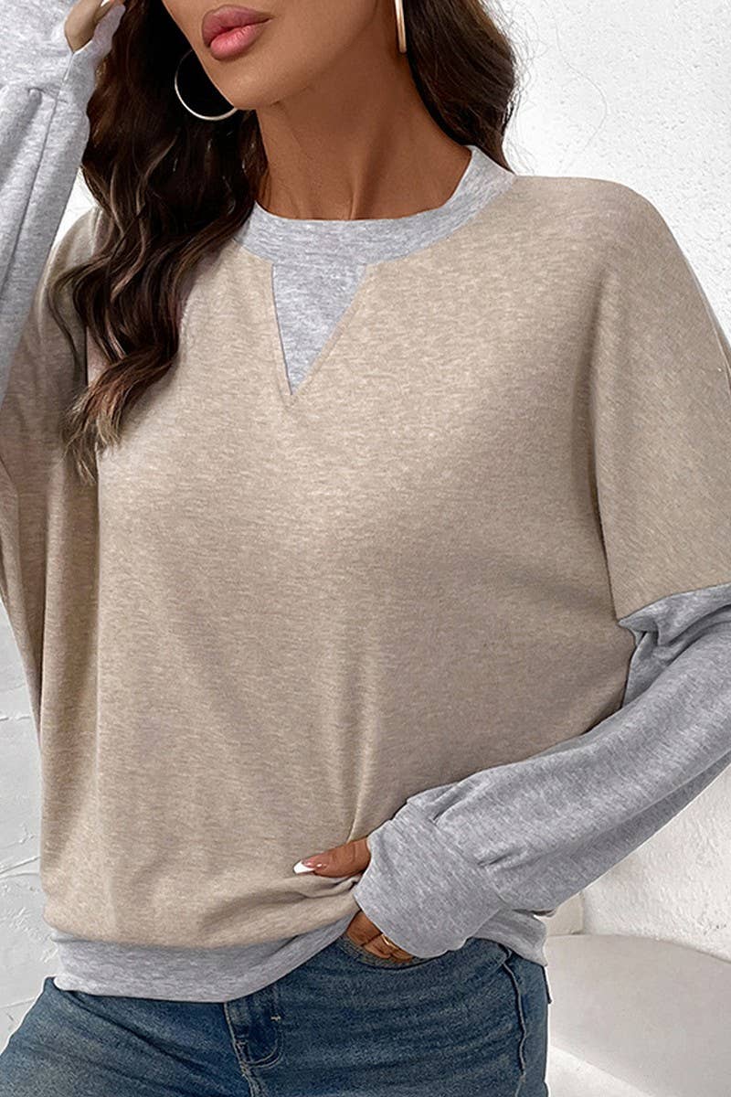 CWTBLL3705_AUTUMN AND WINTER ROUND NECK PATCHWORK LOOSE TOP
