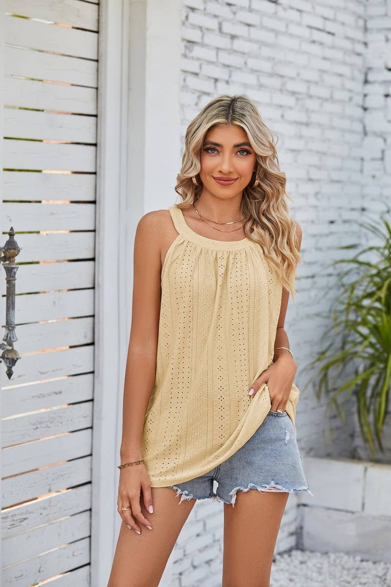 CWTTK0442_CASUAL CREW NECK EYELET SLEEVELESS TANK TOP