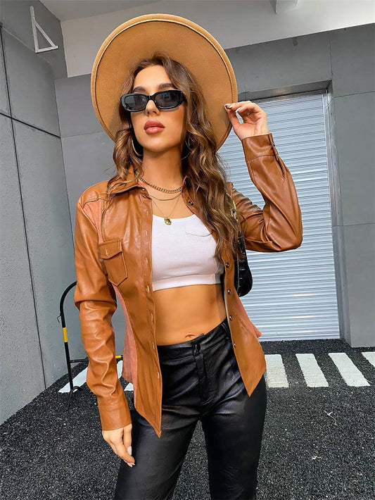 CASUAL PU LEATHER SPLICING LEATHER COAT FOR WOMEN