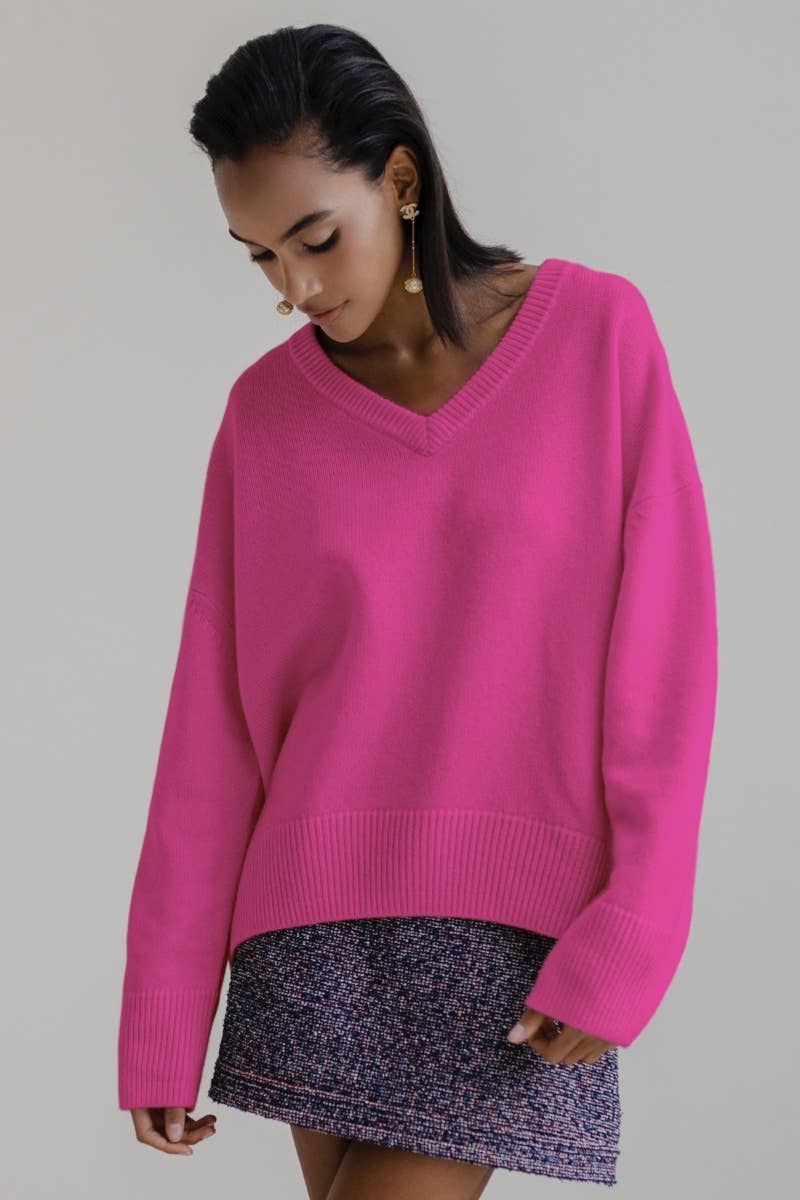 CWOSWL6632_SOLID COLOR V-NECK LONG-SLEEVED SWEATER