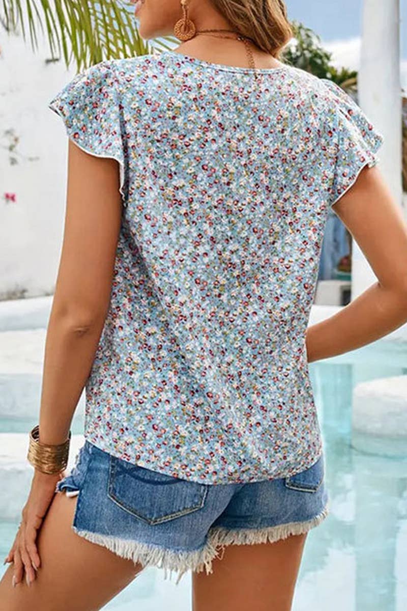 CWTTSL0345_SUMMER FLORAL LACE RUFFLE SLEEVE TOP