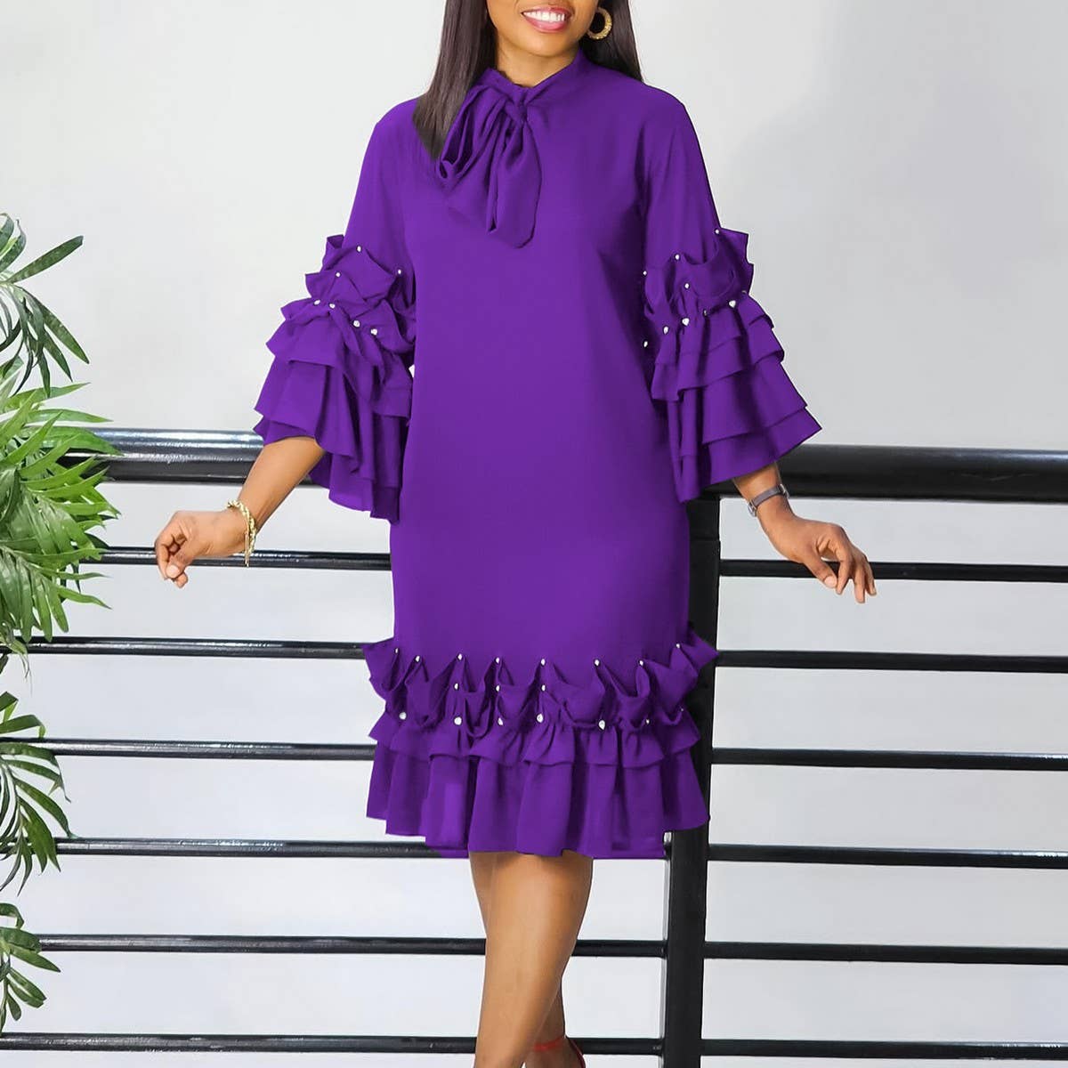 FASHIONABLE TIE-STRAP MULTI-LAYER RUFFLE DRESS