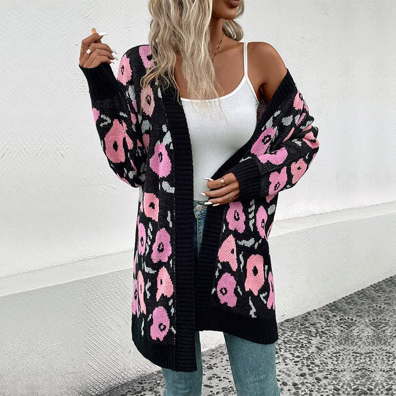 Contrast color flower jacquard long cardigan