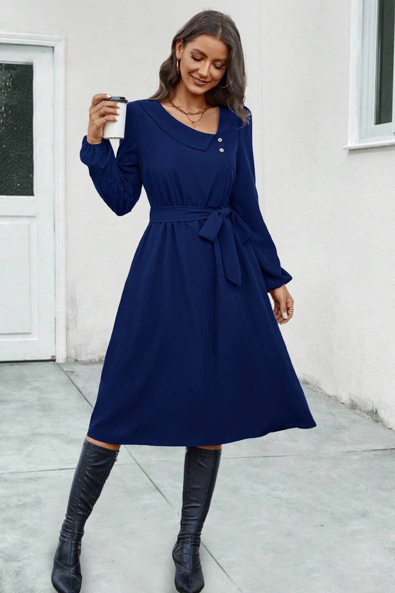 CWDSD4869_IRREGULAR NECKLINE TIE LONG SLEEVE DRESS