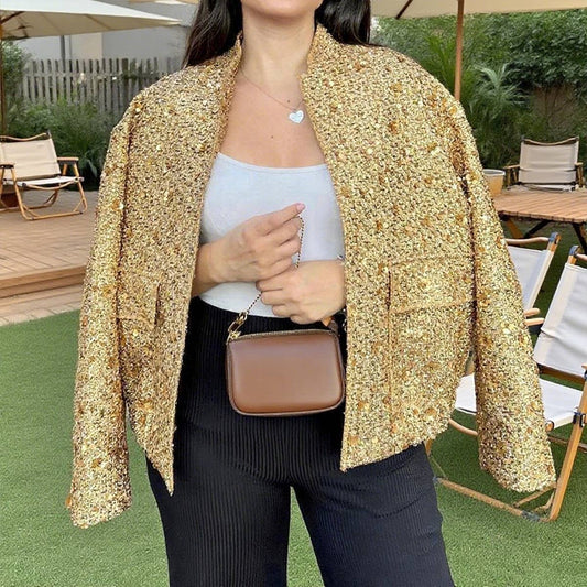 Beaded decorated stand-up collar jacket