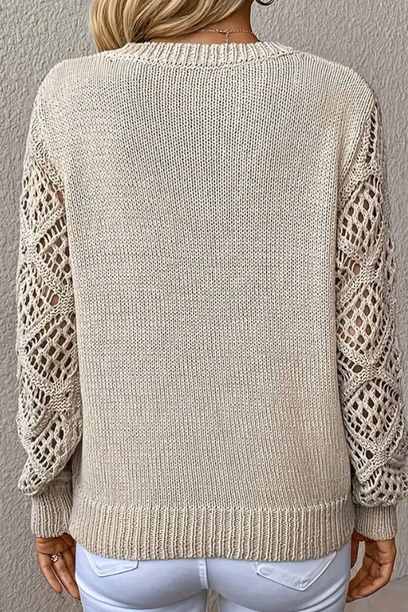 CWOSWL5807_HOLLOW LONG SLEEVE V-NECK PULLOVER KNIT TOP