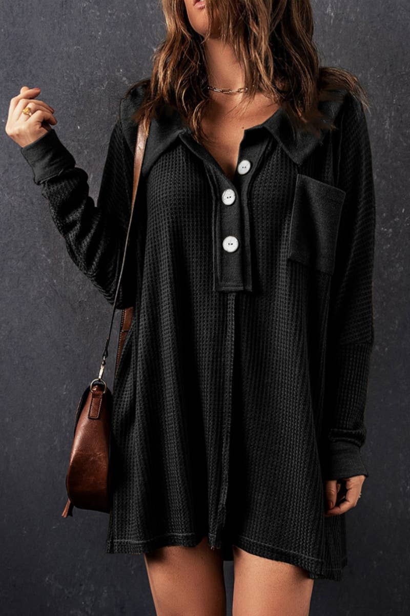 CWOSWL6707_WAFFLE BUTTON POCKET LONG SLEEVE BLOUSE