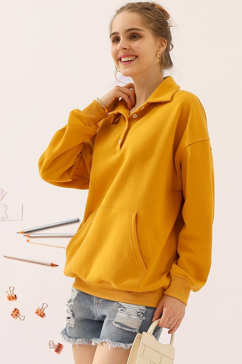 CWTTL904_BOTTON COLLAR SWEATSHIRT WITH KANGAROO POCKET