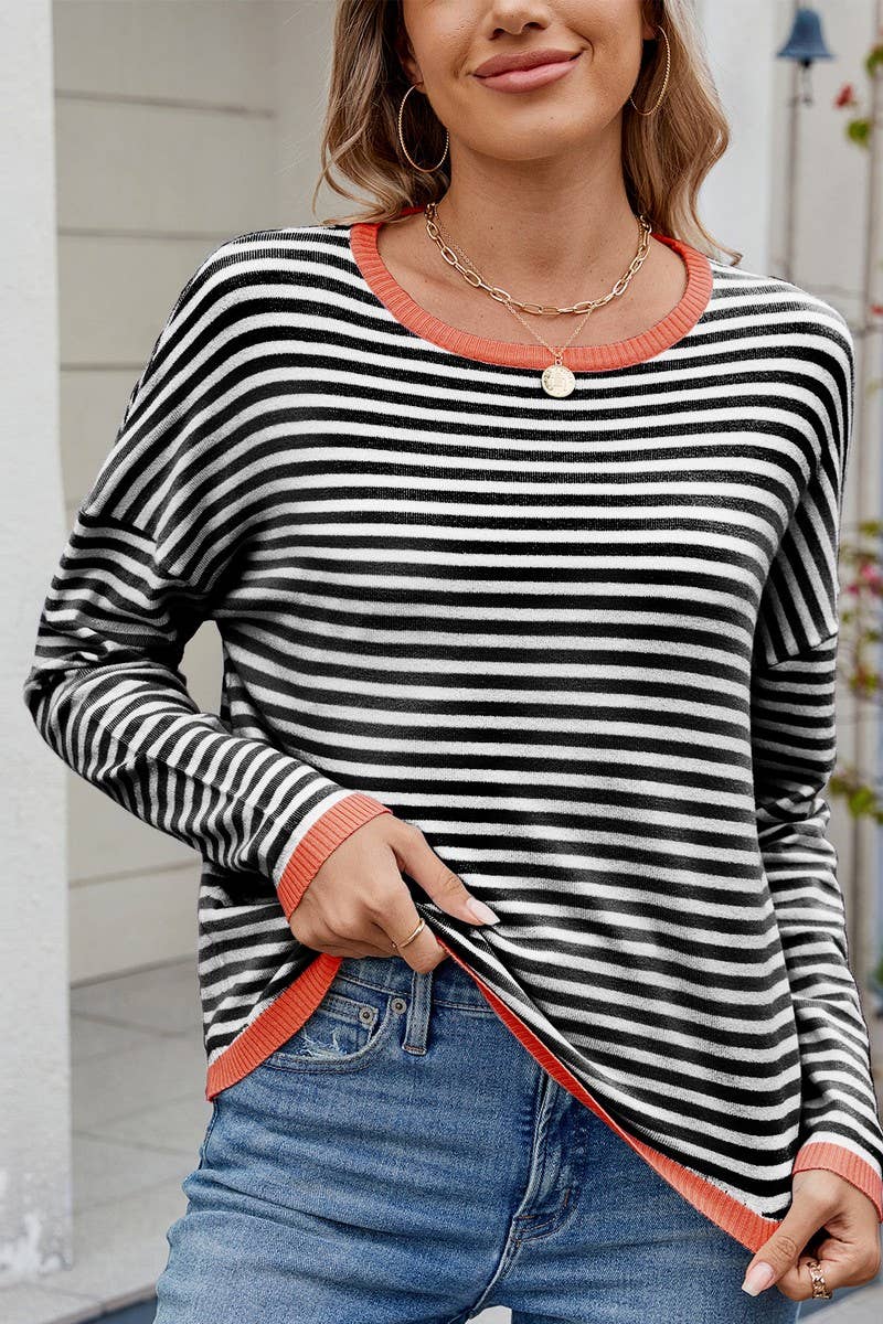 CWTBLL01204_COLORBLOCK TRIM STRIPE LOOSE KNIT PULLOVER