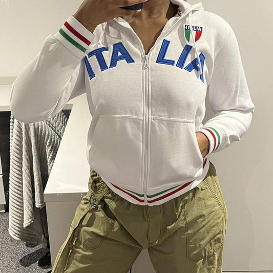 CASUAL LETTER-EMBROIDERED SLIM-FIT ZIPPER HOODIE