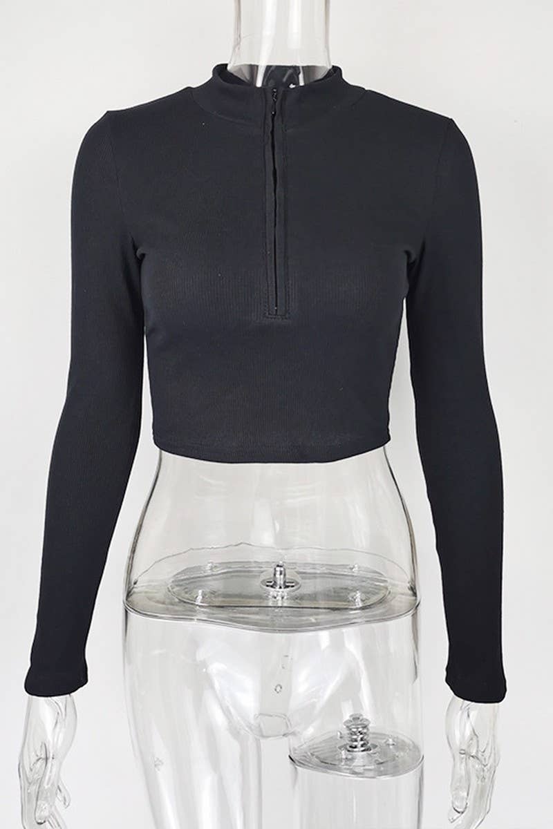 CWTBLL3775_ZIPPERED NAVEL-EXPOSED LONG SLEEVE T-SHIRT TOP