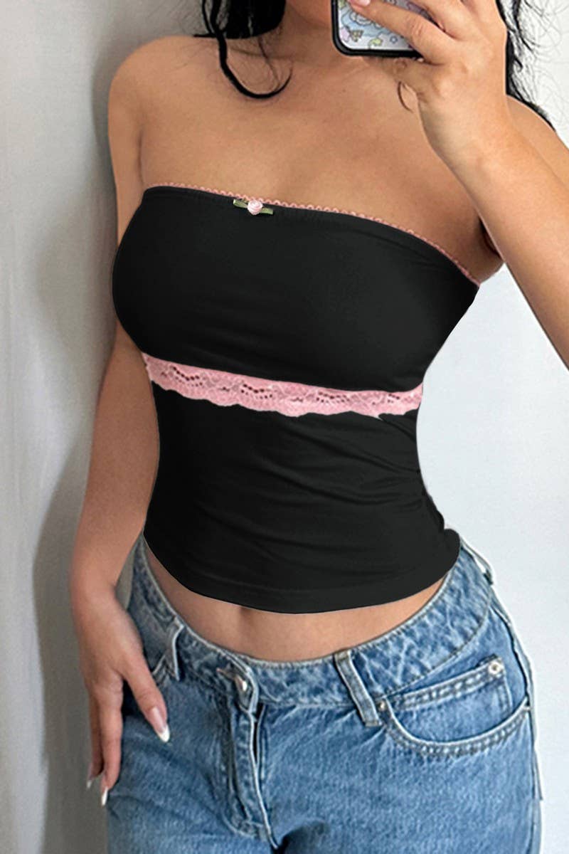 CWTTT0036_CONTRAST LACE PATCHWORK FITTED TUBE TOP