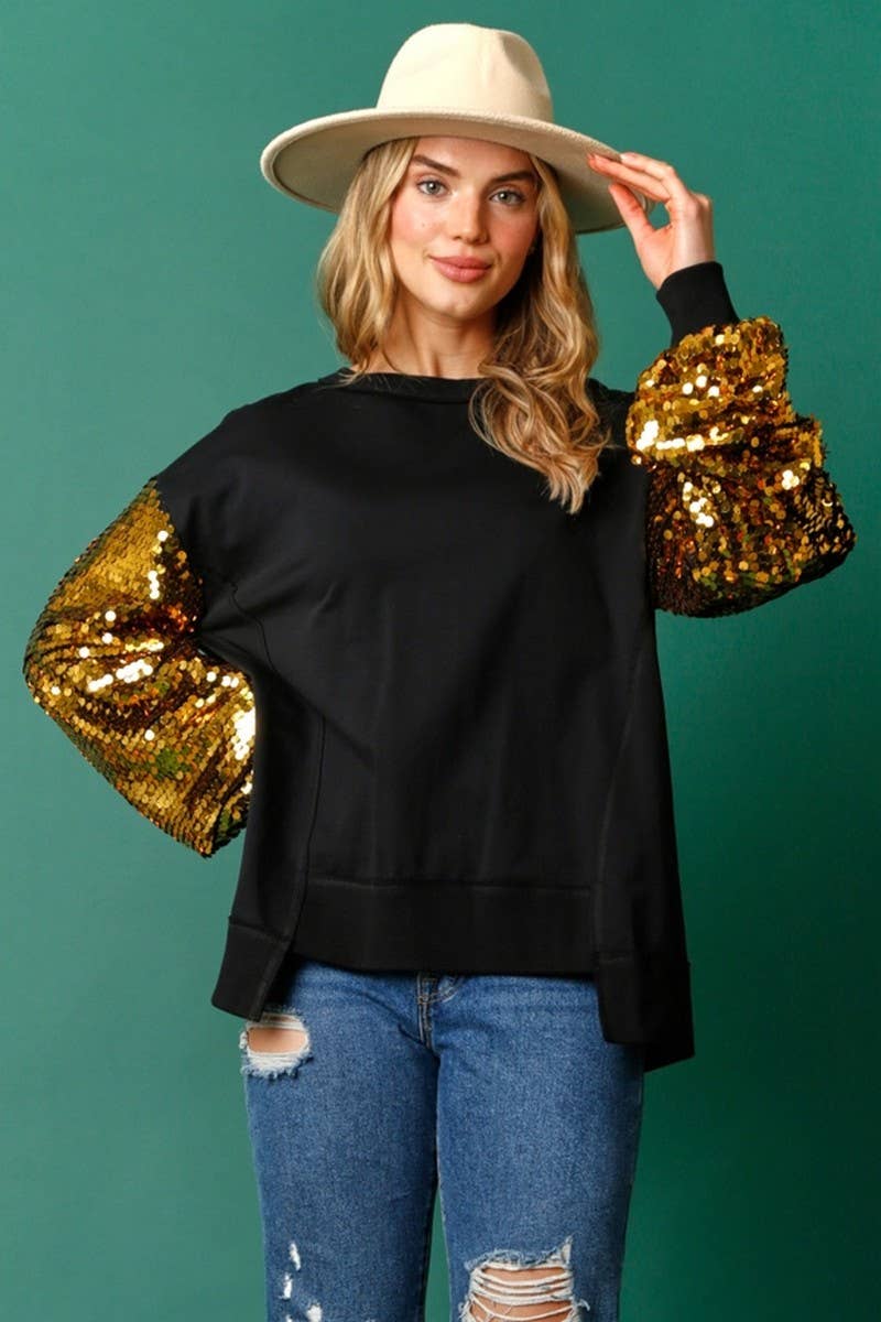 CWTBLL01265_CHRISTMAS SEQUIN SLEEVE PATCH SWEATSHIRT