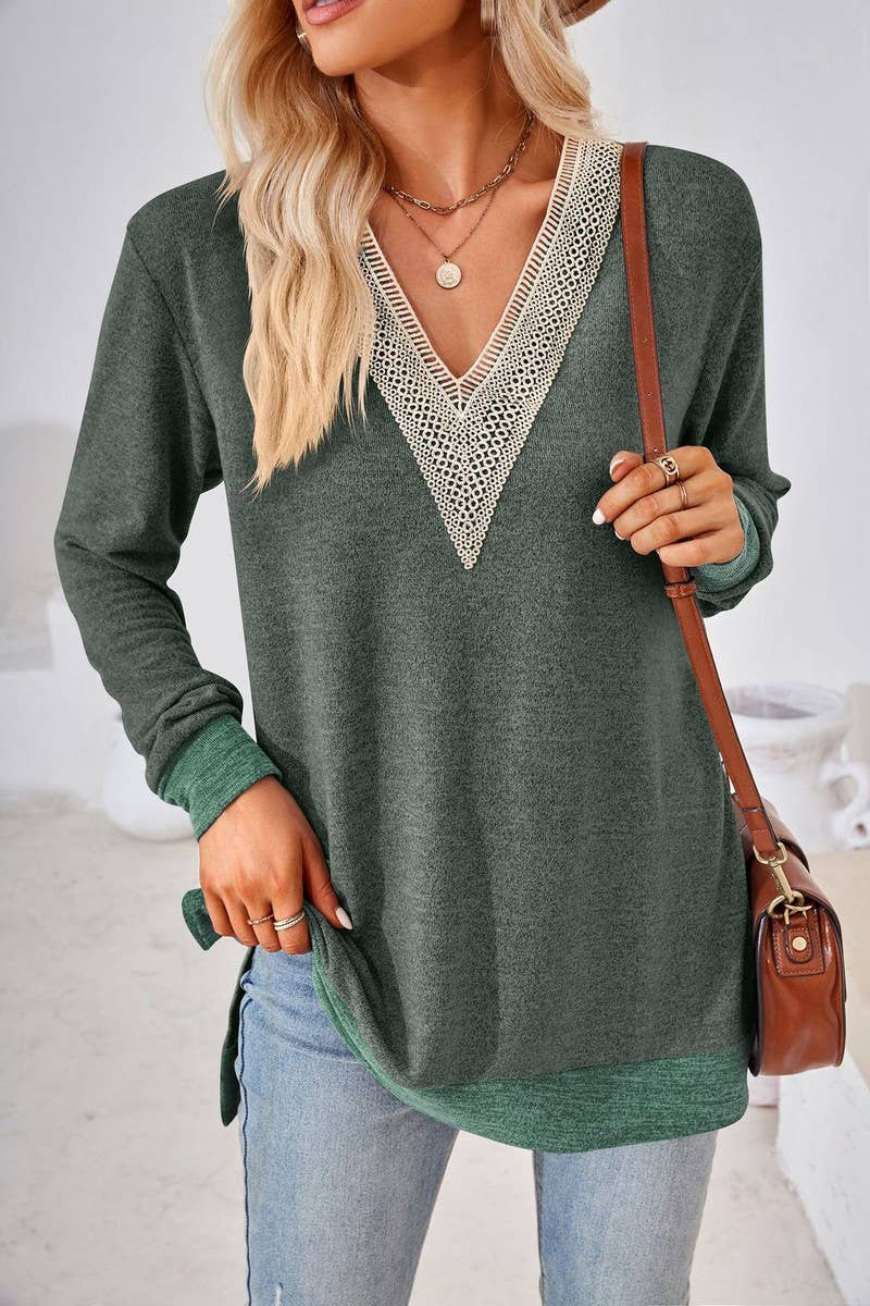 CWTBLL3660_AUTUMN NEW V-NECK LACE SOLID COLOR LOOSE T-SHIRT