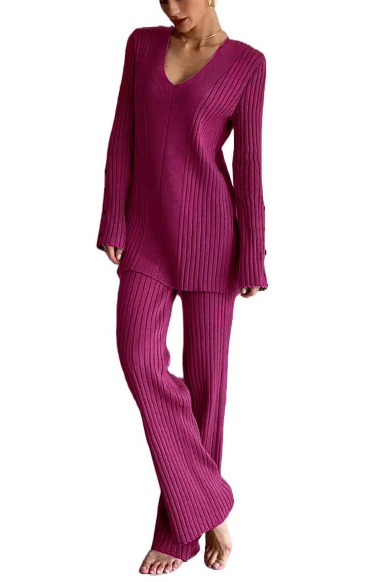 CWSTB1437_V-NECK KNITTED LONG-SLEEVED TROUSERS CASUAL SUIT