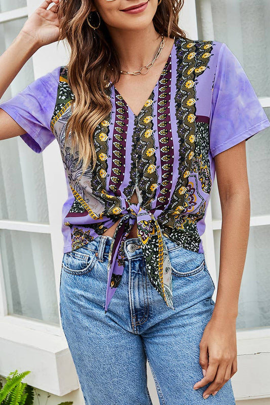 CWTTS1423_SUMMER V-NECK FASHIONABLE TIE-DYE PRINTED T-SHIRT