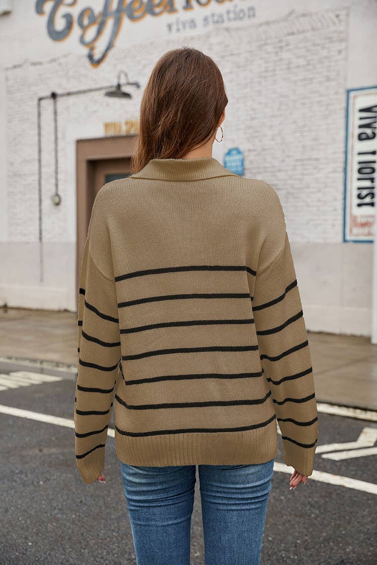 CASUAL POLO-NECK STRIPED PULLOVER