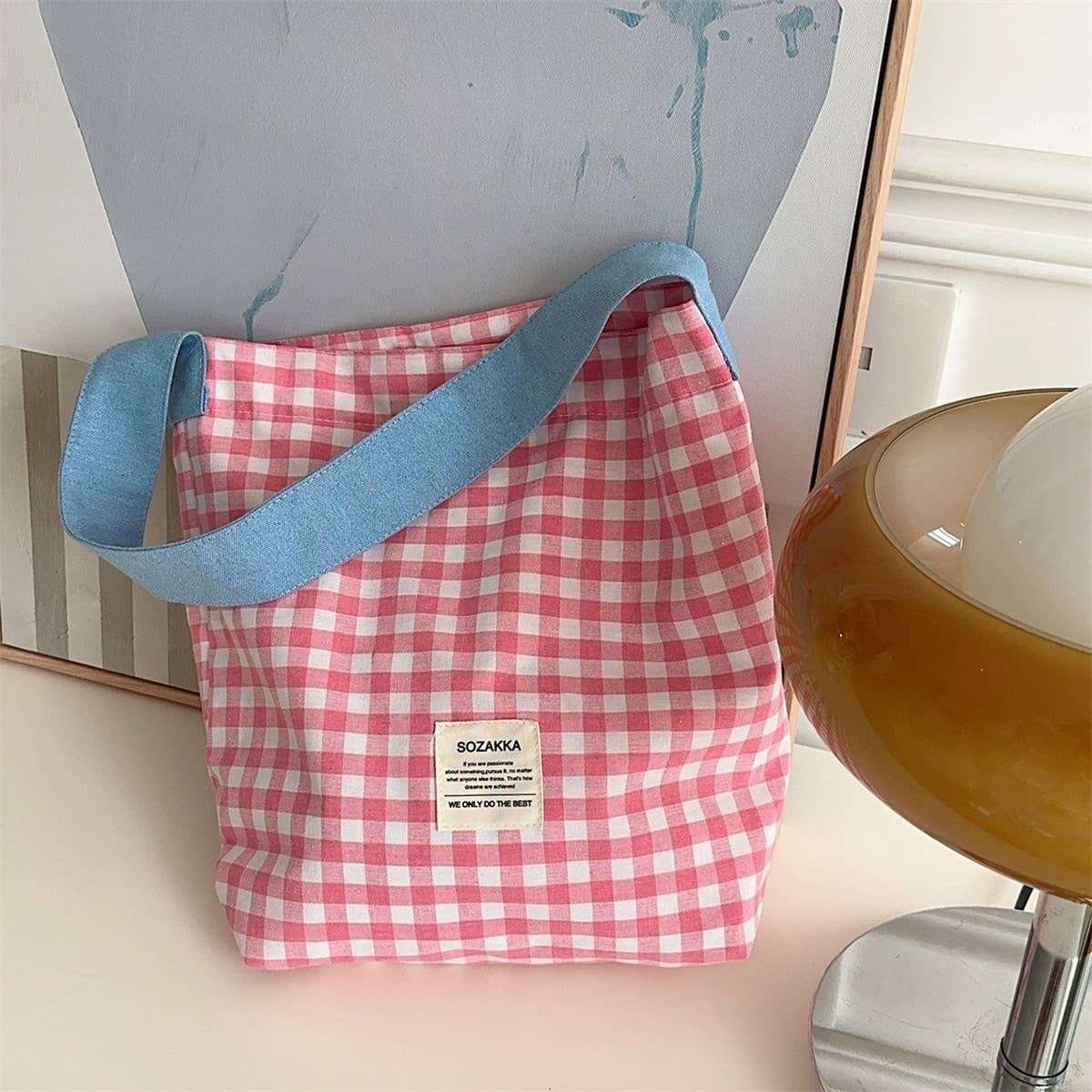 CWAB3908_CONTRAST CHECK CANVAS SHOULDER TOTE BAG