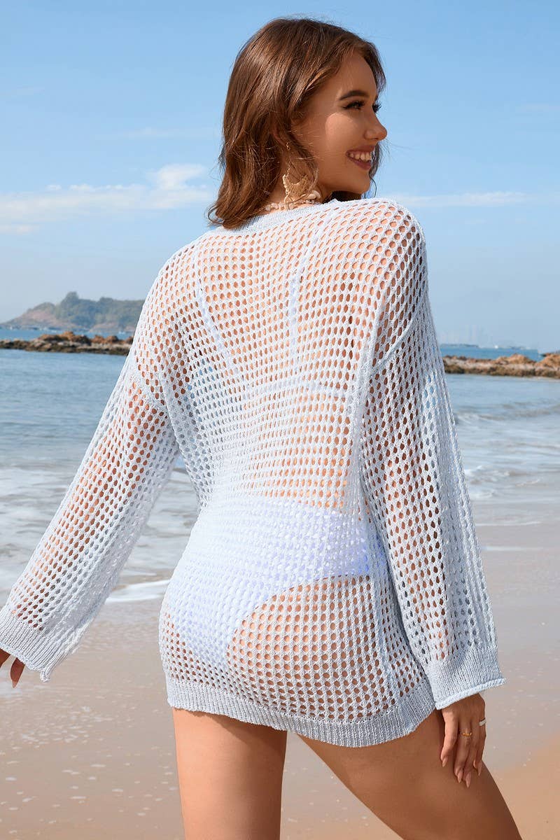 CWOSWL2078_Round Neck Long Sleeve Bikini Cover Ups