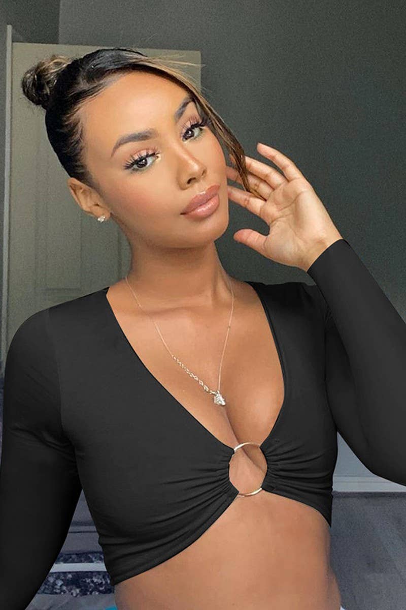 CWTBLL3779_NAVEL-EXPOSED HOLLOW PLEATED CROPPED T-SHIRT