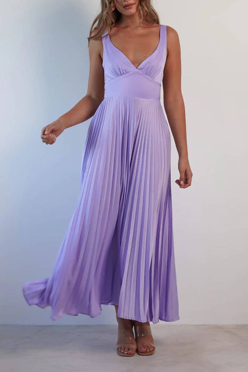 CWDHL0940_V-NECK SOLID COLOR PLEATED SEXY SUSPENDER DRESS