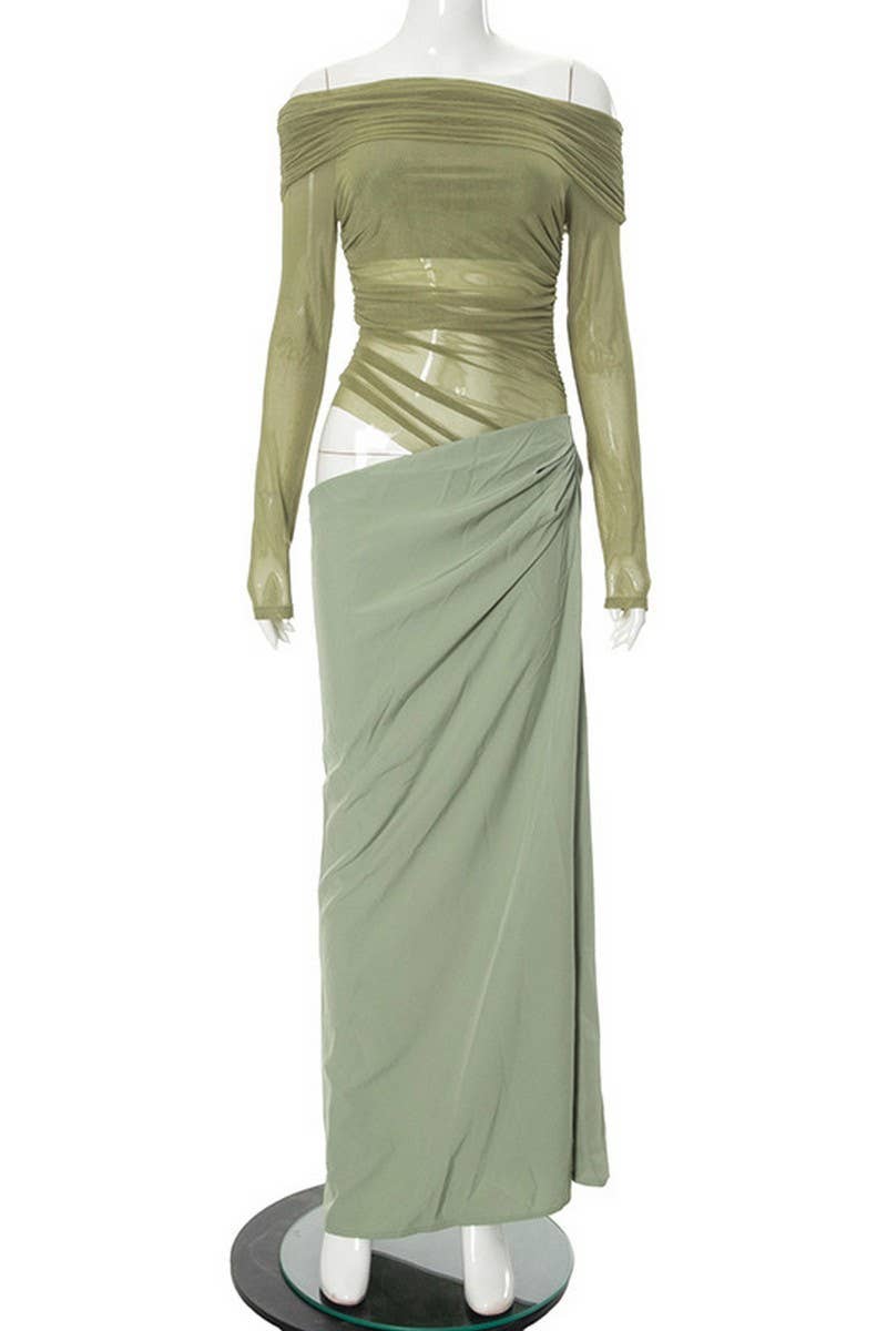 CWDMD6079_OFF SHOULDER LONG SLEEVE CUTOUT PATCHWORK DRESS