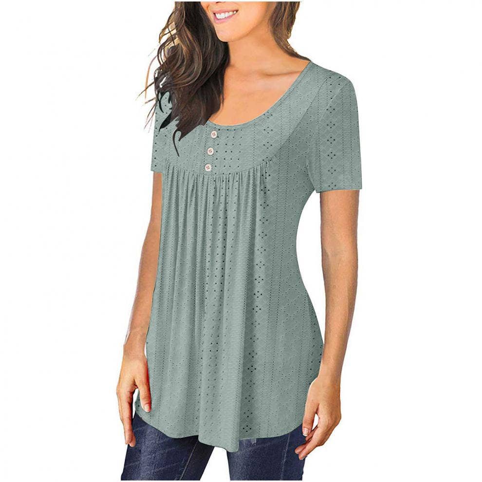 Crew-neck pleated button solid color ripped shirt