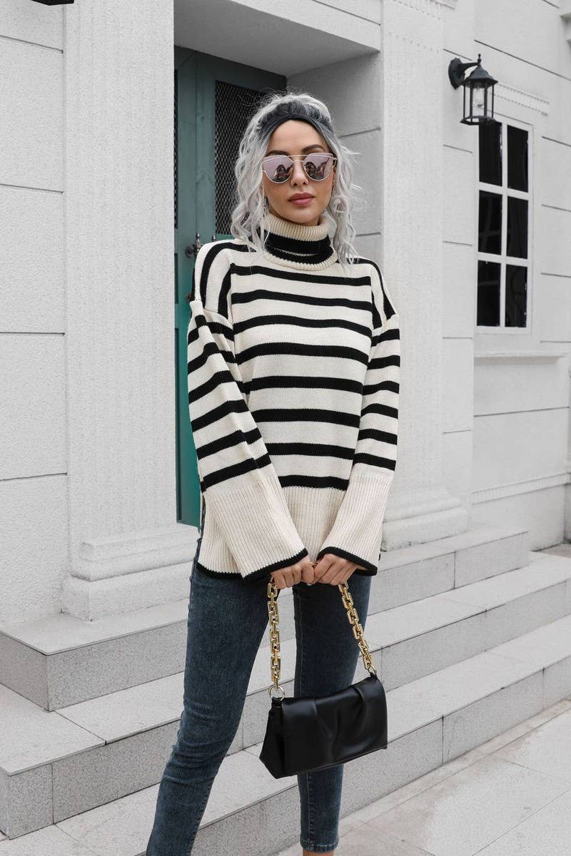 CWOSWL4082_STRIPED SIDE SLIT HIGH COLLAR MID-LENGTH SWEATER