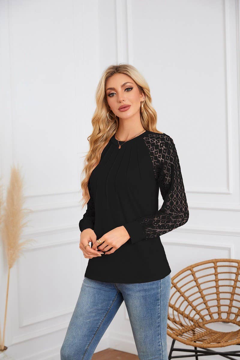 CWTBLL4096_LACE PANEL ROUND NECK PLEATED LONG SLEEVE TOP