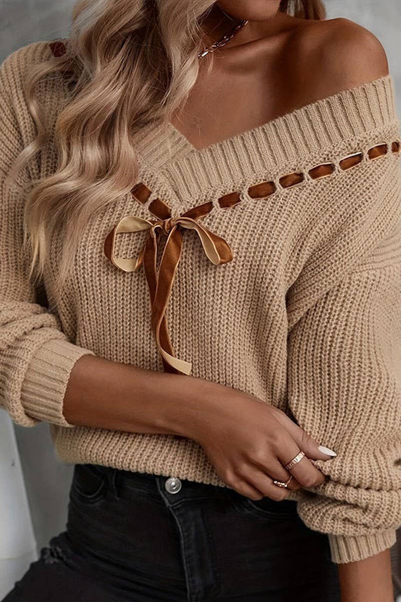 CWOSWL5804_V-NECK BOW LOOSE PULLOVER KNIT TOP