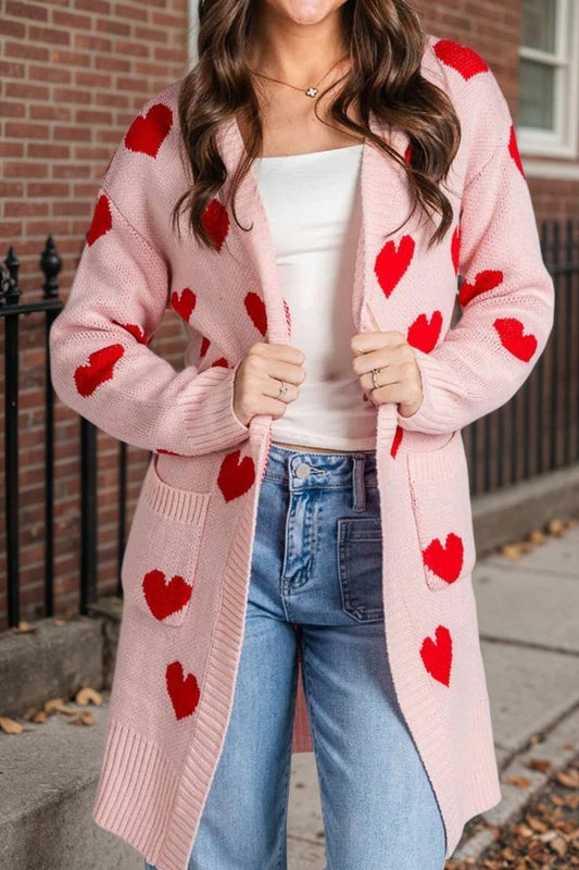 CWOCAL00831_BUTTONLESS HEART PATTERN MIDI KNIT CARDIGAN