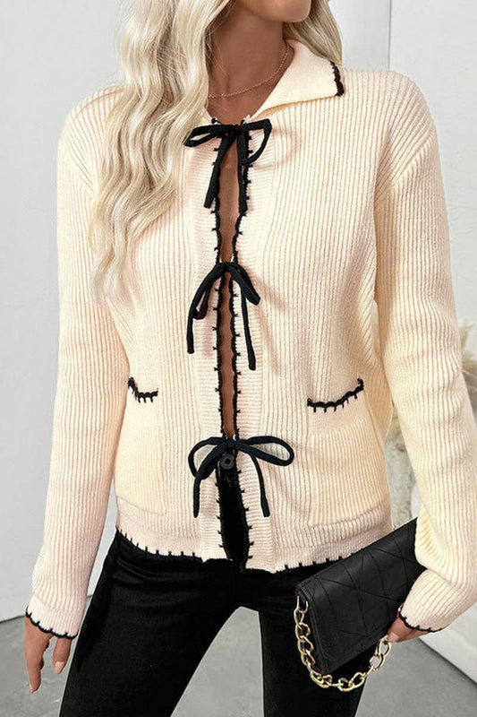 CWOCAL00583_CHIC BOW TIE CONTRAST TRIM CARDIGAN SWEATER