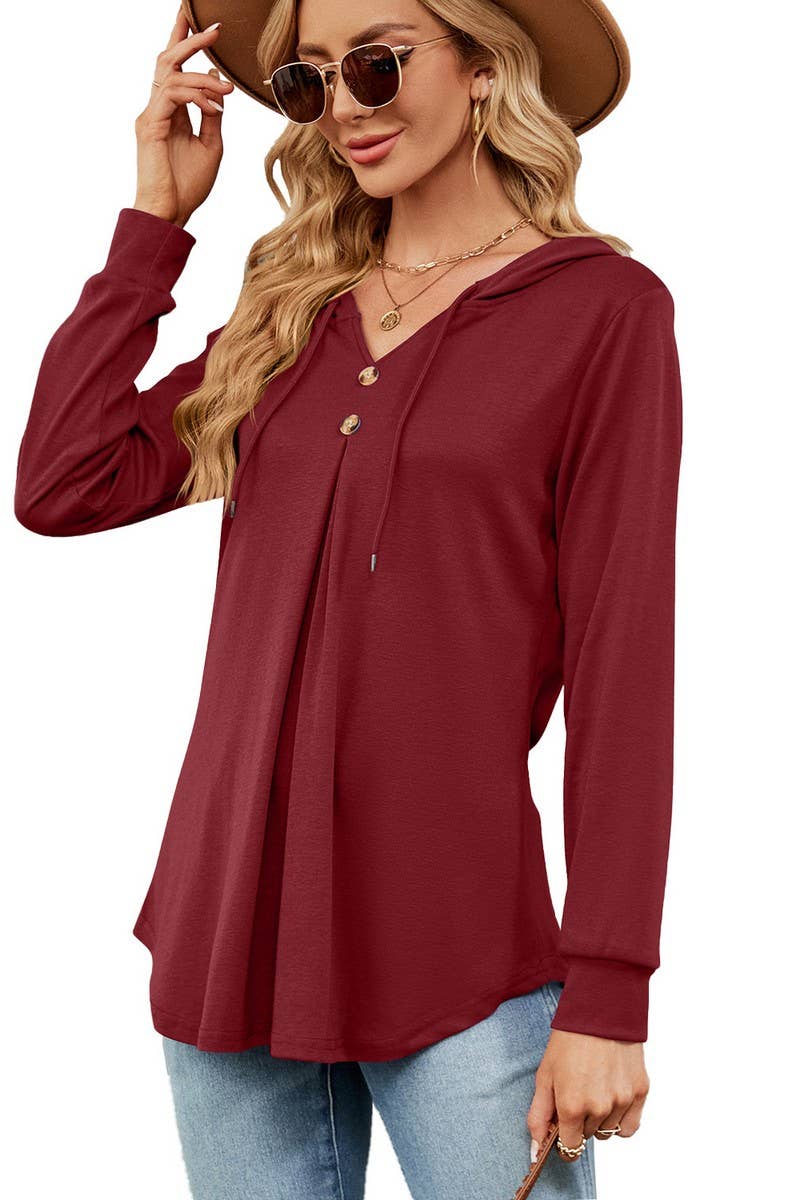 CWOHOL0932_SOLID COLOR V-NECK BUTTON HOODED LOOSE SWEATSHIRT