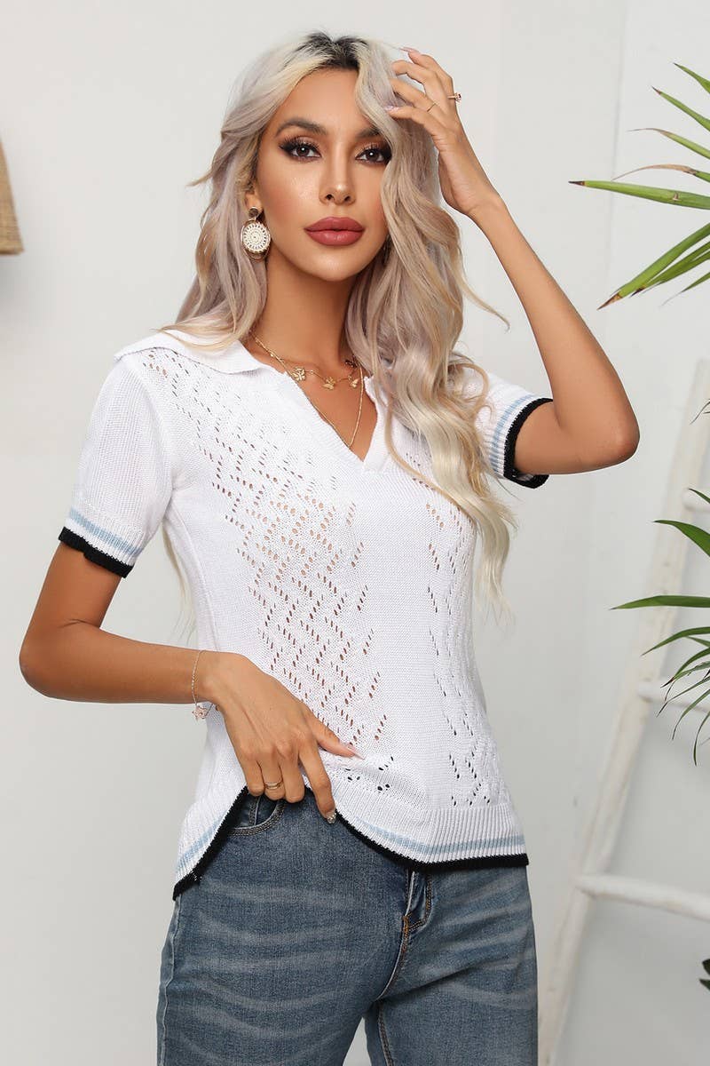 CWOSWS0065_V-Neck Short Sleeve Sweater Top