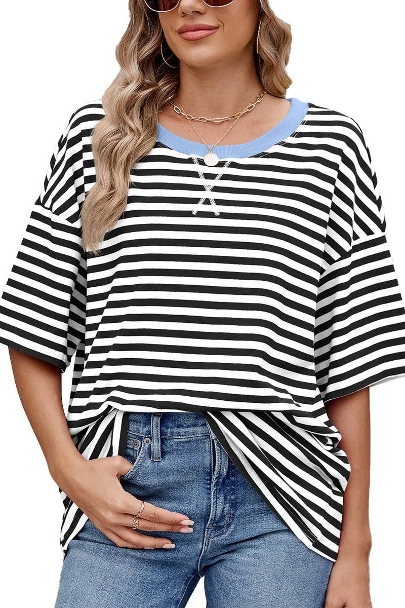 CWTTS1324_SPRING AND SUMMER STRIPED CONTRAST LOOSE T-SHIRT