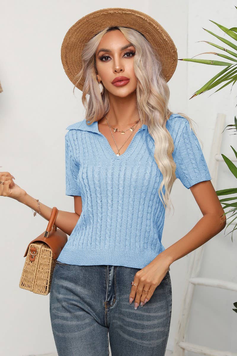 CWOSWS0059_Casual V-Neck Short Sleeve Pullover Sweater