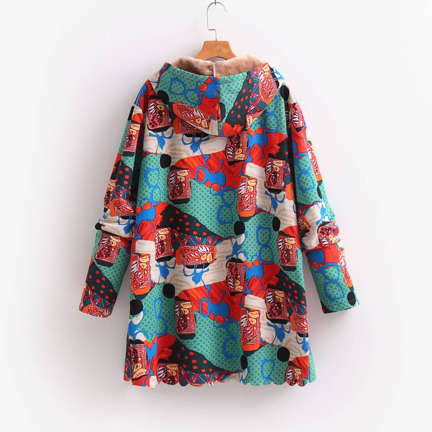 Cotton linen printed hooded warm fleece jacket