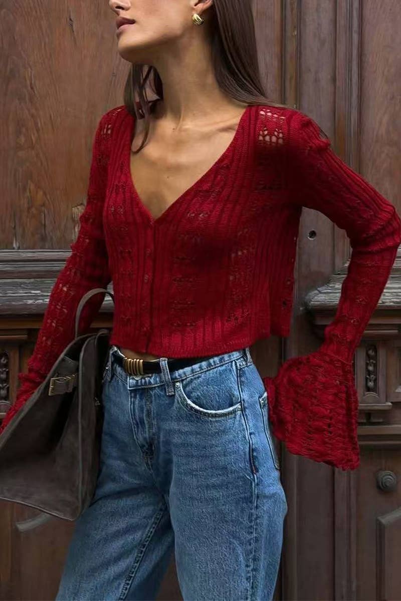 CWTTL2015_KNITTED SEXY HOLLOW TRUMPET SLEEVE TOP CARDIGAN
