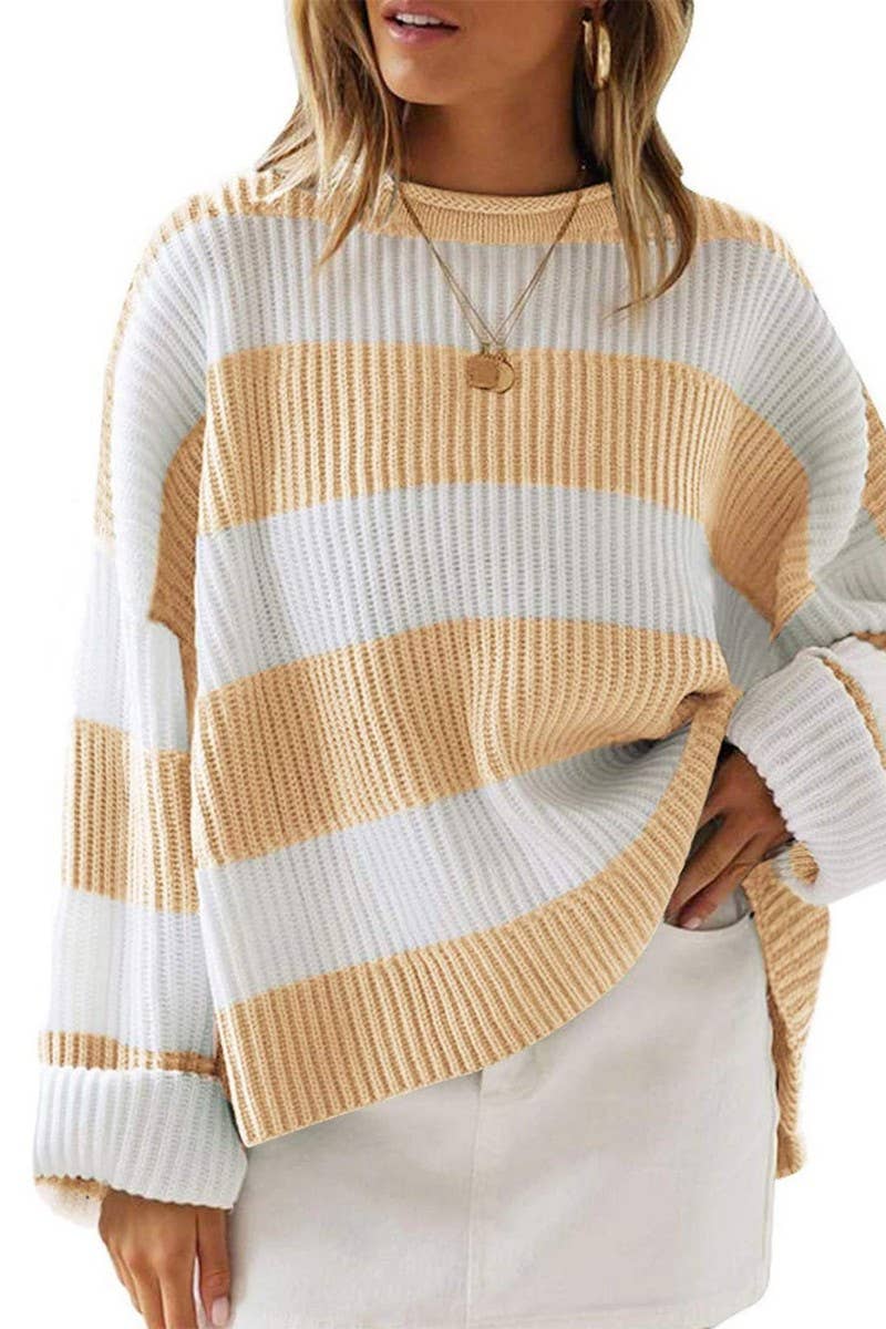 CWOSWL5734_STRIPED LOOSE CREW NECK LONG SLEEVE SWEATER TOP