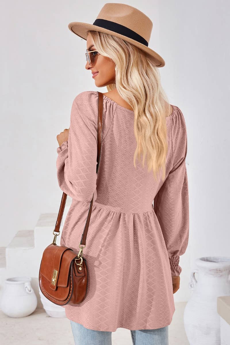 CWTBLL2817_SOLID COLOR PATCHWORK LONG-SLEEVED TUNIC