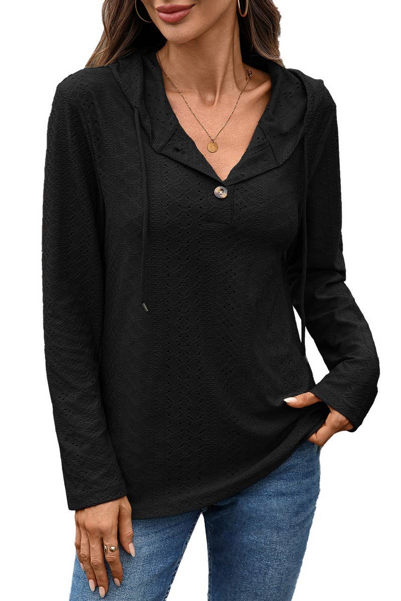 CWTTL01000_SOLID COLOR BUTTON HOODED LOOSE LONG-SLEEVED TOP