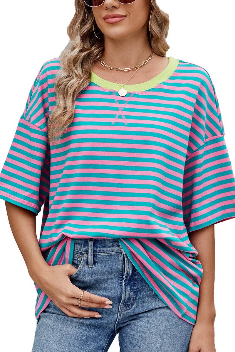 CWTTS1324_SPRING AND SUMMER STRIPED CONTRAST LOOSE T-SHIRT