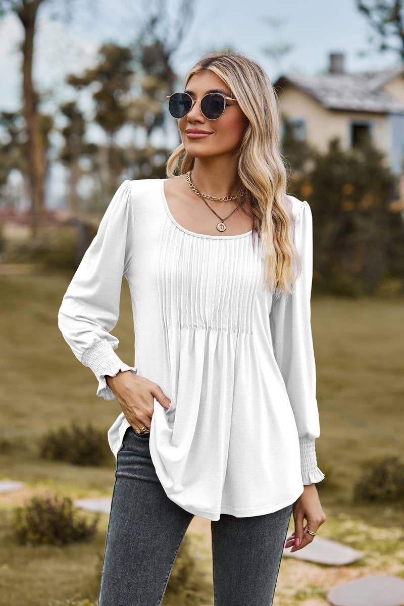 CWTBLL3687_NEW AUTUMN SOLID COLOR ROUND NECK DRAW CUFFS TOP