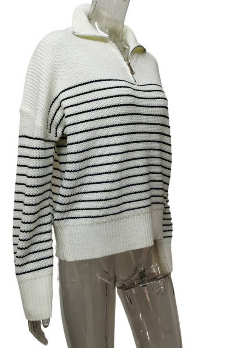 CWOSWL6266_TURTLENECK STRIPED COLORBLOCK ZIP-UP SWEATER