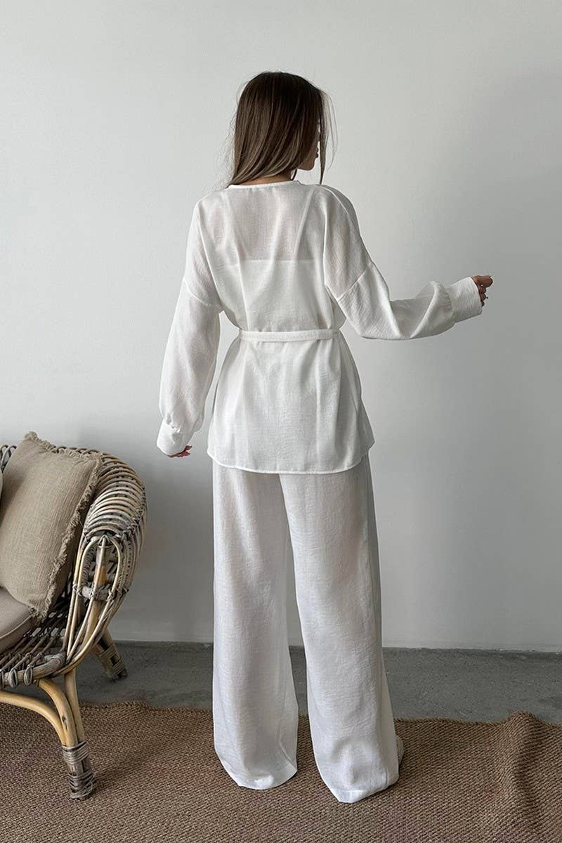 CWSPJ0330_DOUBLE CREPE CARDIGAN LACE-UP LOUNGEWEAR SET