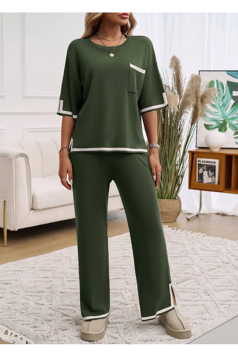 CWSTB0963_Color Matching Short Sleeved Top Pants Knit Set